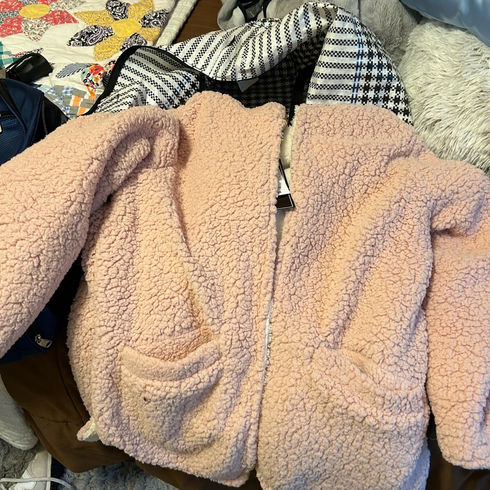 pink fuzzy jacket